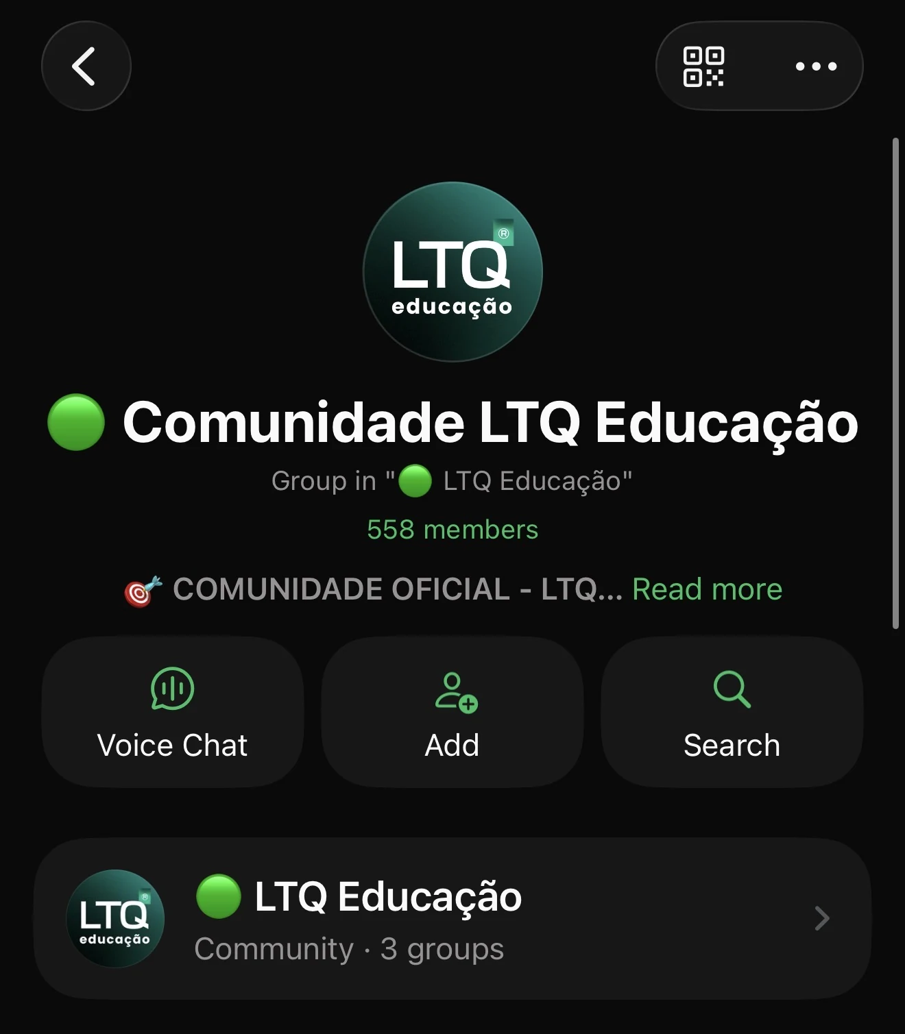 Comunidade oficial da LTQ Educação no WhatsApp, com 558 membros