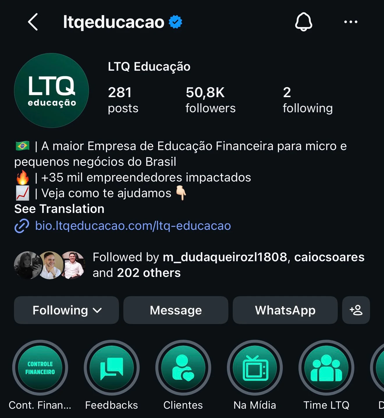 Perfil @ltqeducacao no Instagram, com 50,8 mil seguidores